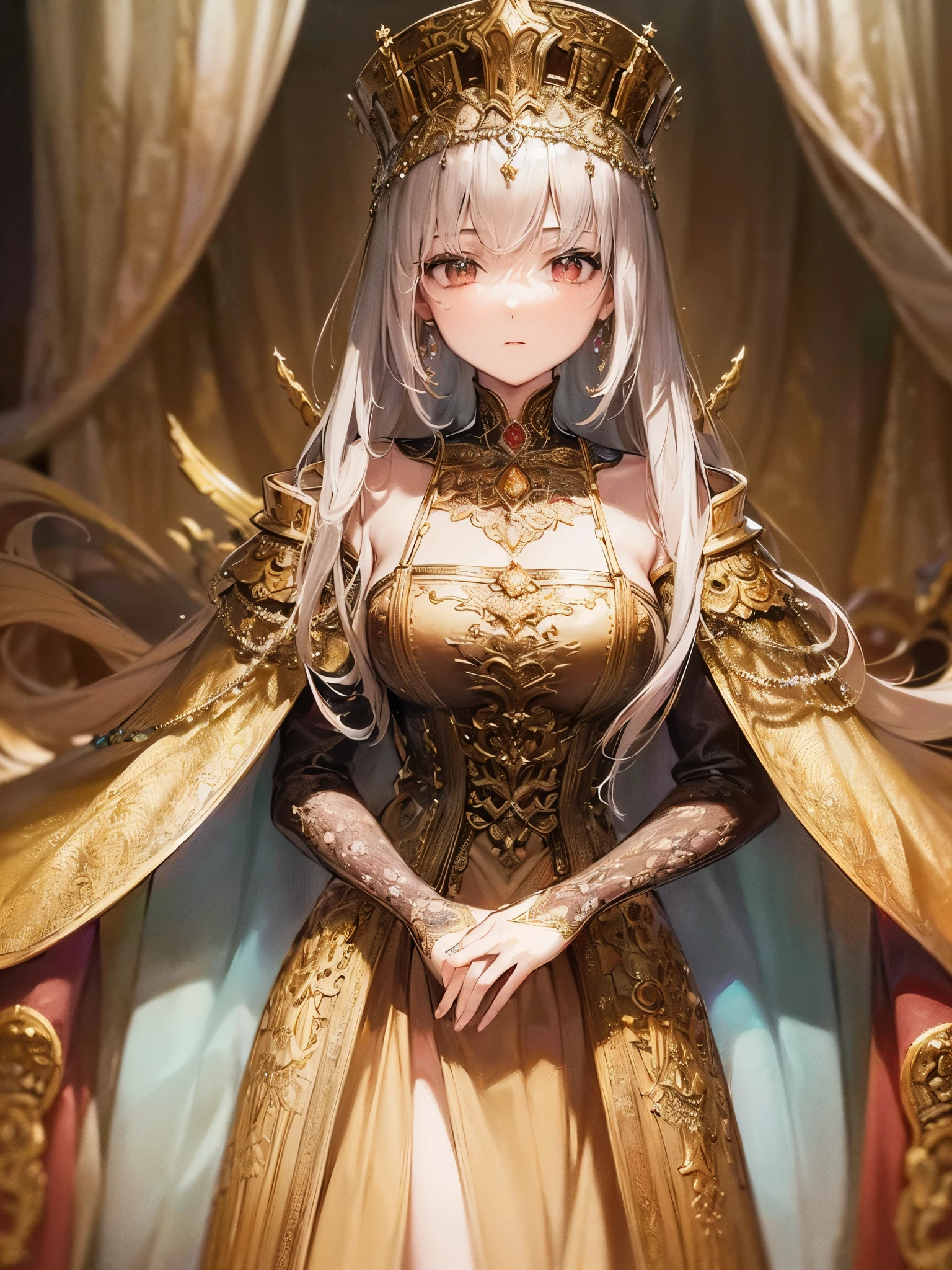 ((Highest quality)),(Ultra-high resolution),(Super detailed),(Detailed Description),((The best CG)),(masterpiece),Highly detailed art,(Art with precise detail:1.5), The Queen exudes dignity in her historical costume., A tapestry woven with the intent of gold and silver, A treasure trove of intricate design, A glorious presence