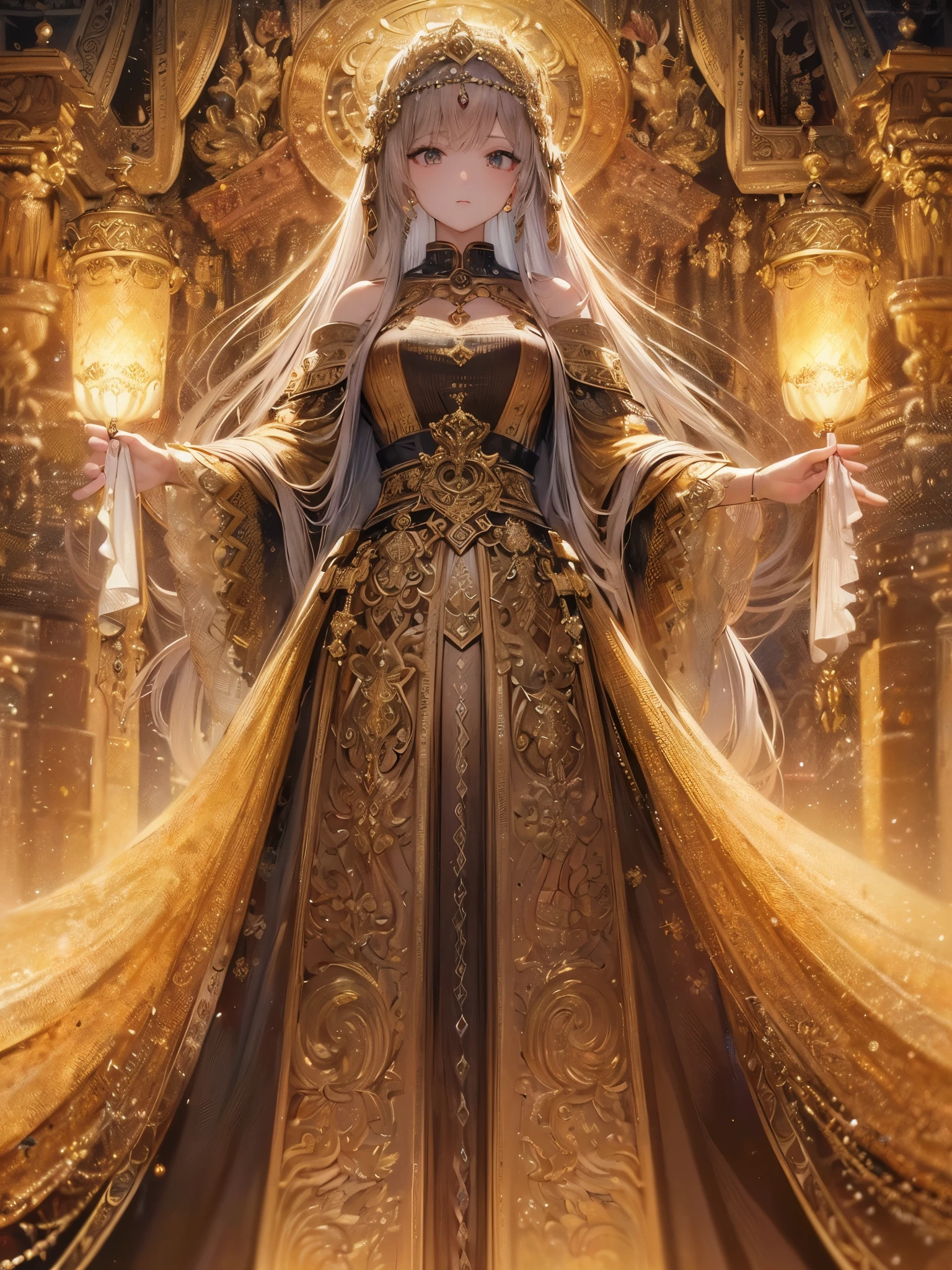 ((Highest quality)),(Ultra-high resolution),(Super detailed),(Detailed Description),((The best CG)),(masterpiece),Highly detailed art,(Art with precise detail:1.5), The Queen exudes dignity in her historical costume., A tapestry woven with the intent of gold and silver, A treasure trove of intricate design, A glorious presence