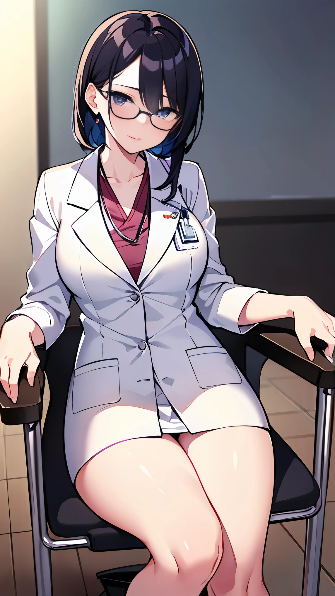 black hair, hair behind ear, straight hair, kamina shades, mole under eye, Social realism, ray tracing, cowboy shot, anatomically correct, textured skin, high details, high quality, best quality, super detail, 8k, Female doctor, white coat, hospital, Examination room, examining a patient, looking at a chart, (sitting cross-legged in a chair)