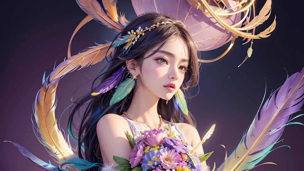 32K, 最高quality, 最高masterpiece, (ultra-Detailed Background, Detailed Background), Absurd, High resolution, Super detailed, Very detailedな, One girl, (bouquet:1.3), (Tangled:1.2), (Geometric:1.2),(colorful),(masterpiece, quality, best quality, Official Art, Beautiful and beautiful:1.2), (1 girl:1.3), Very detailed,(colorful:1.1)(Flowers:1.3),Most detailed,(Tangled:1.2), whole body, (Abstract background:1.3), (Skin glows), (Many colors:1.4), ,(Earrings Feather:1.5), Pale Purple Background,