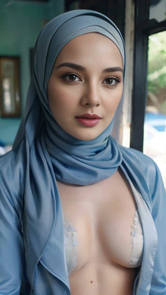 A woman with sky blue hijab, Realistic, Photorealistic, 8K, Masterpiece, Best Quality, High Definition, Live Action, RAW Photo, Single Woman, Beautiful Body, boob, Sexy, naked, NSFW, Married Woman,  