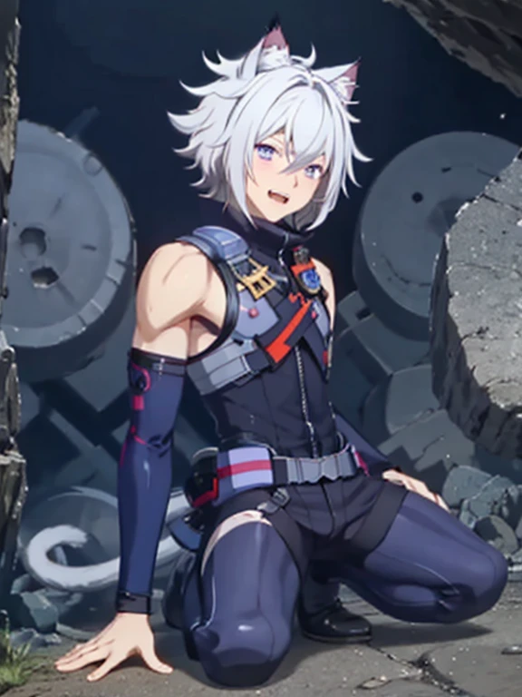 maleの子1人,alone,18-year-old,male,Sit in the cave,Shocked facial expression,blush,good looking,Messy Hair, White hair Blue eyes,Purple eyes, Cat ear　Side view　Kneeled　Open your mouth and scream　suffer　No sleeve