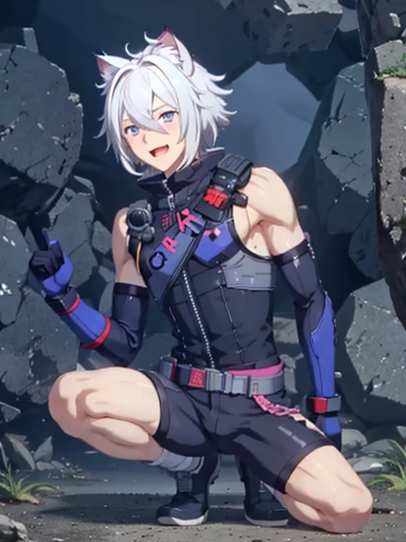 maleの子1人,alone,18-year-old,male,Sit in the cave,Shocked facial expression,blush,good looking,Messy Hair, White hair Blue eyes,Purple eyes, Cat ear　Side view　Kneeled　Open your mouth and scream　suffer　No sleeve