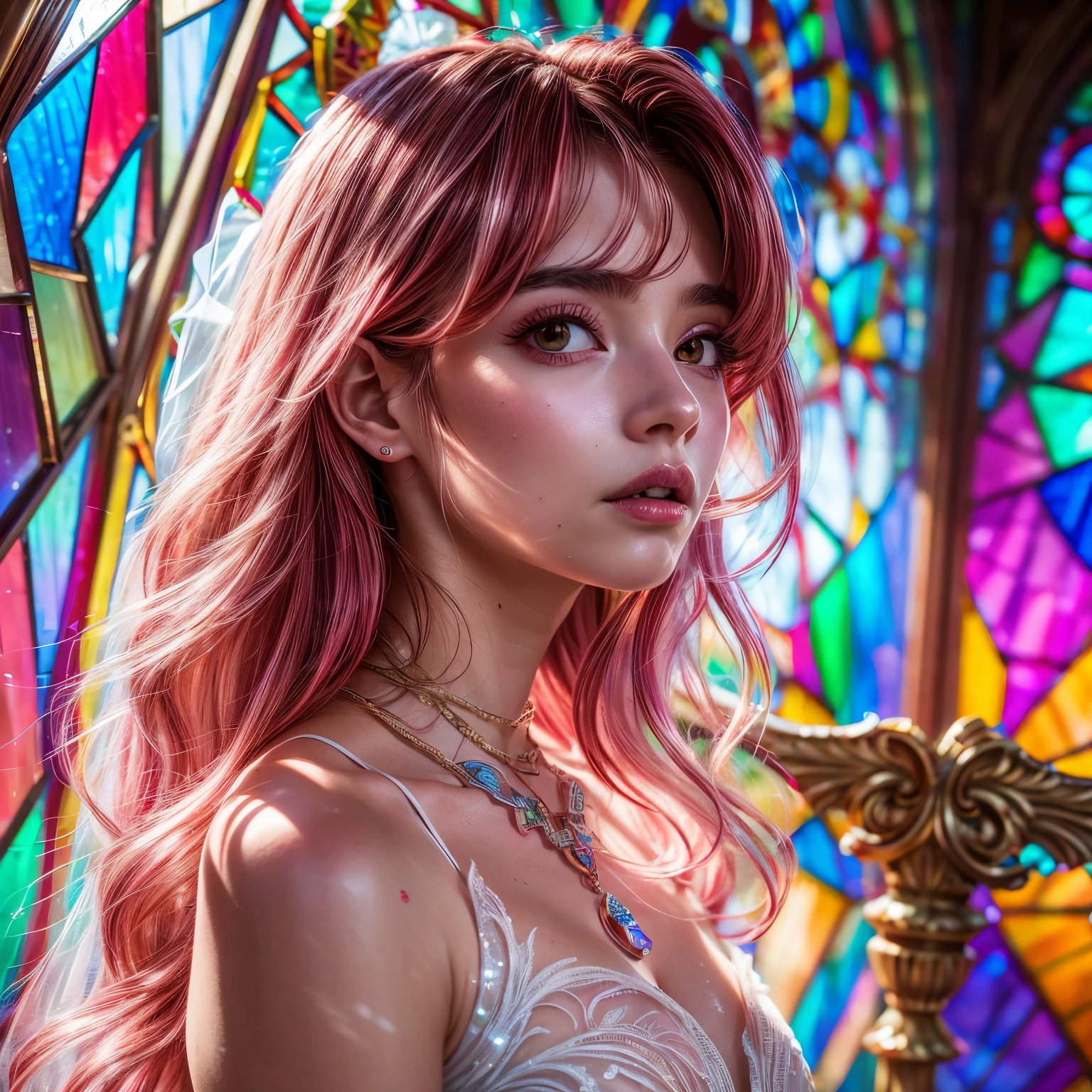 RubyRed, ZoomedOut ZoomLayer TopQuality 8K masterpiece of ((Professional photo)), (((Lady Clarisse de Cagliostro))) (Detailed White WeddingDresses), ChainTiara, Extremely detailed KAWAII face, The background is distant (Elaborate colorful stained glass) Rainbow Glass, MysticSight, GodRays, Radiant PearlSkin with Transparency, (Exposed:0.32)
