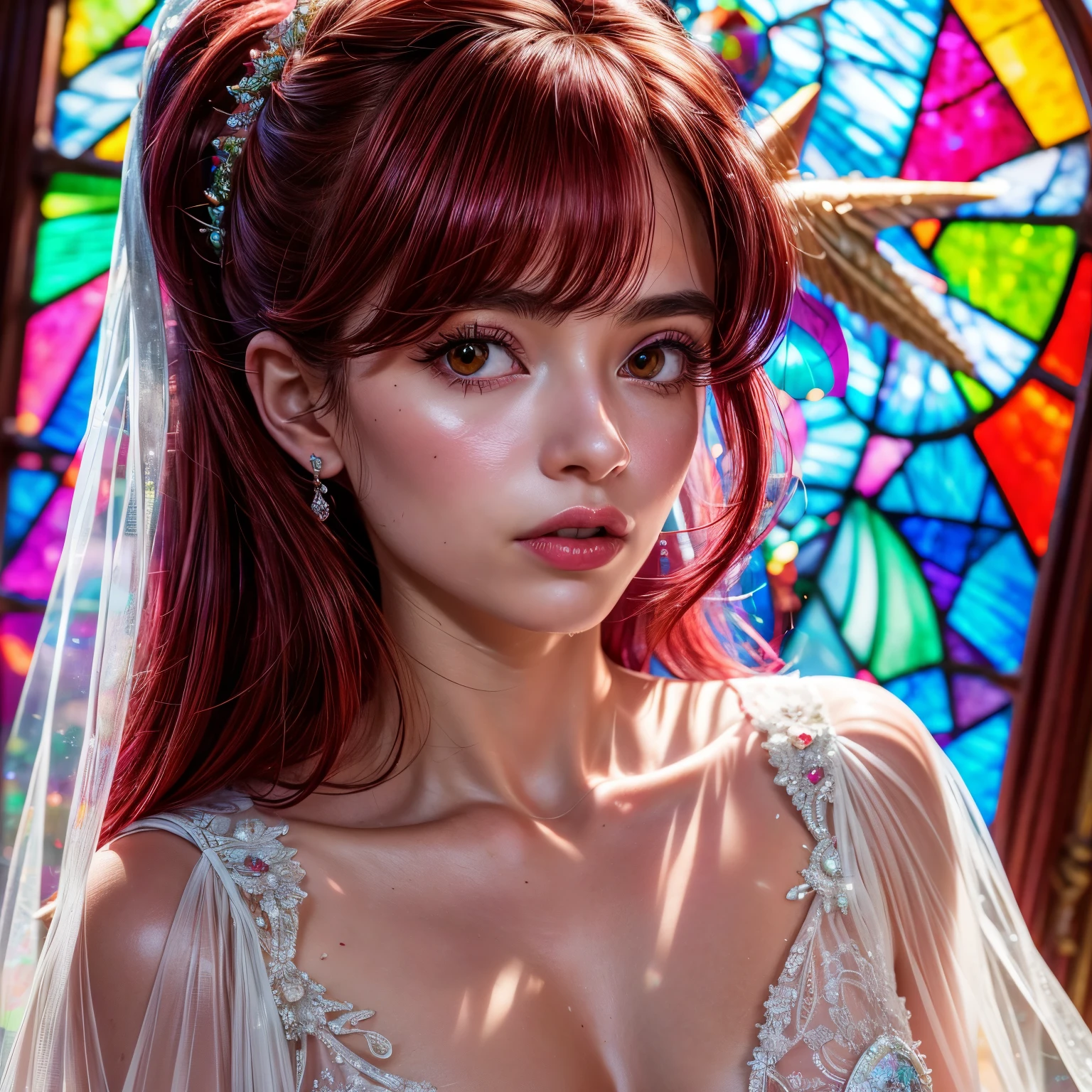 RubyRed, ZoomLayer, TopQuality 8K masterpiece of ((Professional photo)), (((Clarisse de Cagliostro))) (Detailed White WeddingDresses), Chain, Closeup of (Extremely detailed KAWAII face), The background is distant ((Elaborate stained glass)) Rainbow Glass, {MysticSight|EnchantingAtmosphere|GodRays|TyndallEffect}, Radiant PearlSkin with Transparency, (Exposed:0.38)