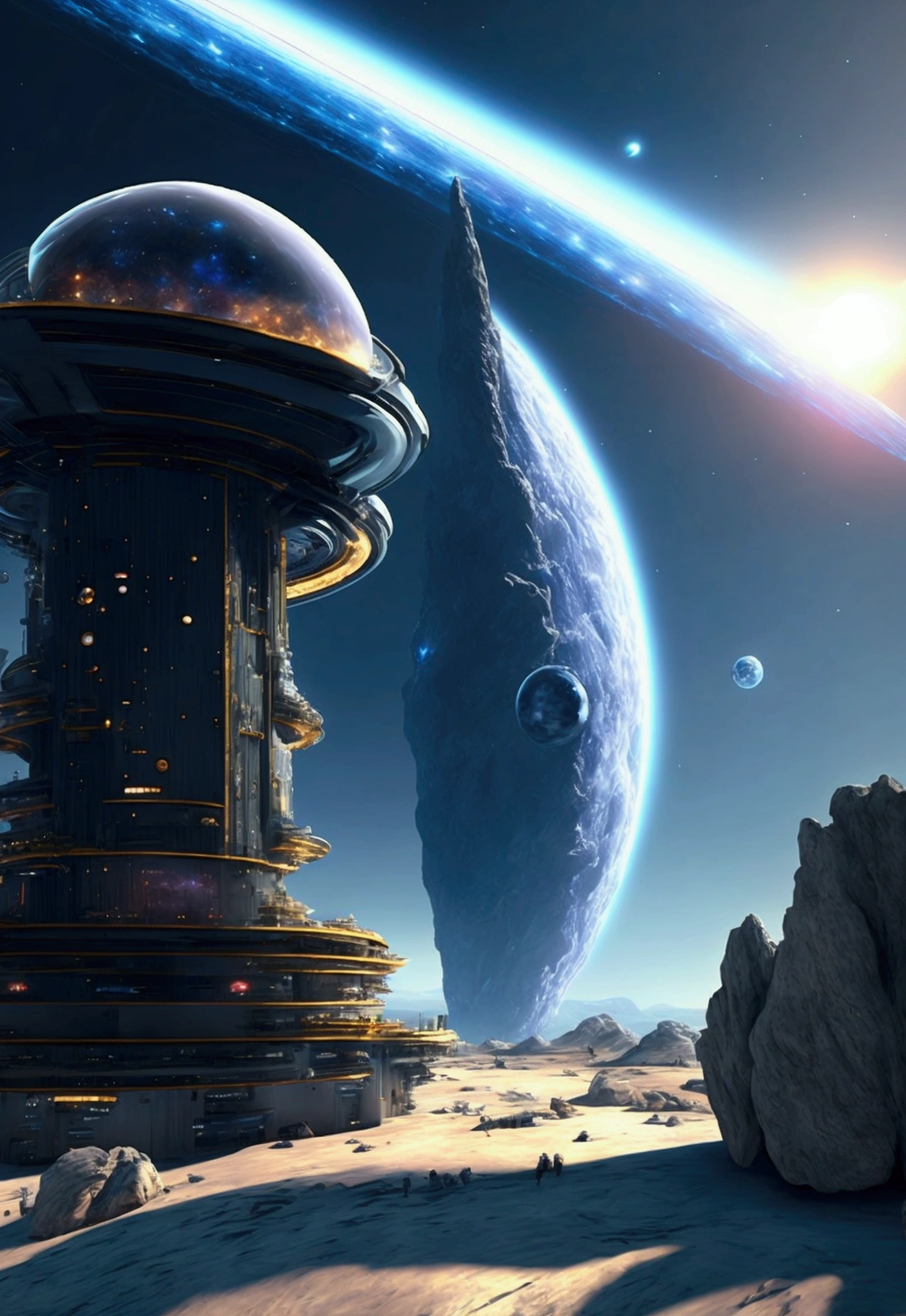 Galaxy Base, In orbit of a supermassive black hole with a beautiful accretion disk, Dyson ball-like base, Futuristic, All Metal Base, In the vacuum of space.