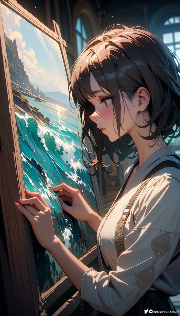((best quality)) , ((masterpiece)) , (detailed)，(stylized by George Hillyard Swinstead:0.8) , painting, Regal Bronze "The seascape of Cold", shallow depth of field, Zen, dramatic lighting, Orton effect, trending on artstation, 1920's, emotional, emotive, intricate artistic color, highly color focused, glossy, cinematic perfect intricate stunning fine detail, complex, very inspirational, contemporary, contemporary fine detail