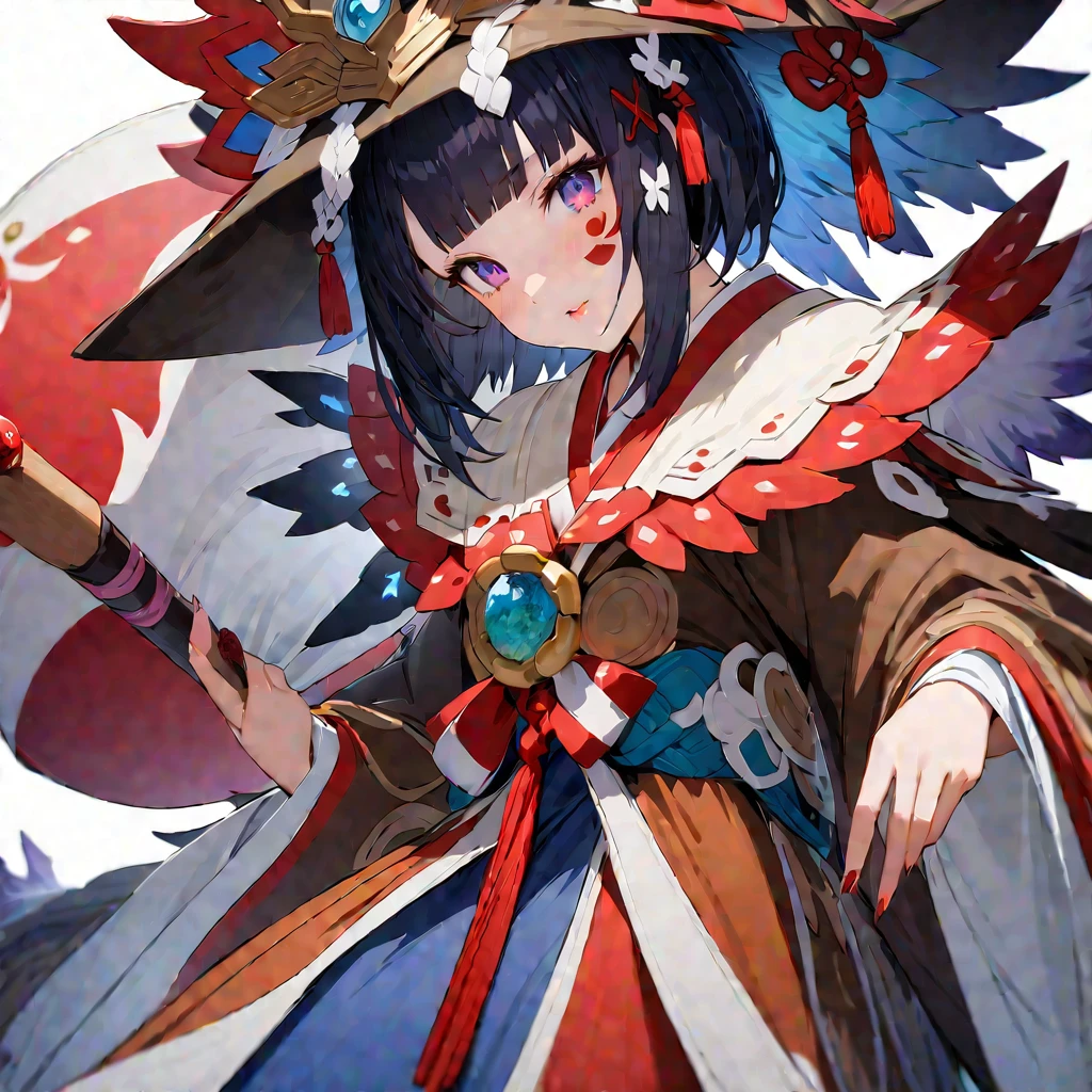 ((RAW Photos)), ((masterpiece)), (Onmyoji Costume,young woman,One person:1.5), (Figure up to the waist:1.2),Intricate details, View your viewers, beautiful, Fine eyes and lips,White background,Fantasy,Perfect Face,,Fantasy,beautiful表情,Detailed facial expressions,Facing forward,Wear a hat,Decoration on hair