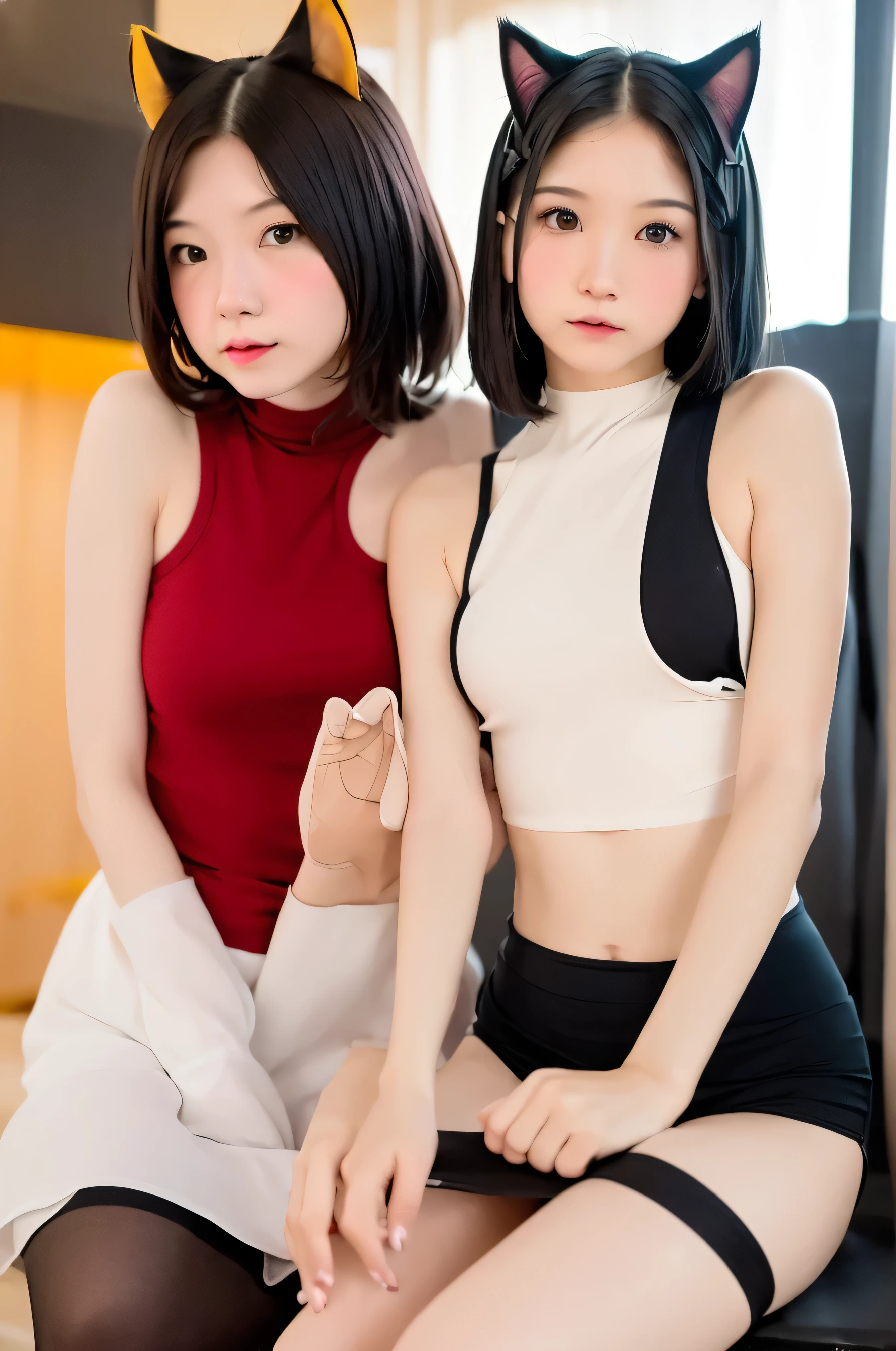 masterpiece, Bokeh, (Cat ear:1.4), Sitting on the beach at sunset, Looking at the audience, office lady, pantyhose,(masterpiece, Highest quality, It captures a very cute moment, Depth of written boundary, Super detailed, Ultra-high resolution, C4D, Octadale, 3D Modeling,Realistic human photos、 8k, 16K, One Girl,, 、Small breasts,Black Hair,short hair,Straight Hair,Light brown eyes,Cute Face), Bloomers, Black tank top, zettai ryouiki, Wet clothes,Classroom Nights,Moonlight, Good elevator, Take off、Real-life skin、Not an anime、Realistic、