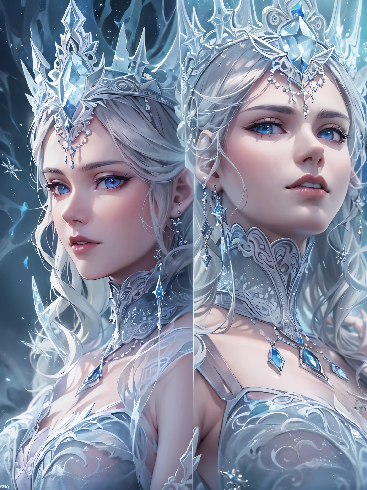 ((Highest quality)),(Ultra-high resolution),(Super detailed),(Detailed Description),((The best CG)),(masterpiece),Highly detailed art,(Art with precise detail:1.5), The Ice Queen exudes dignity in a historical costume., It expresses the transparent ice., The piercing cold, Freeze