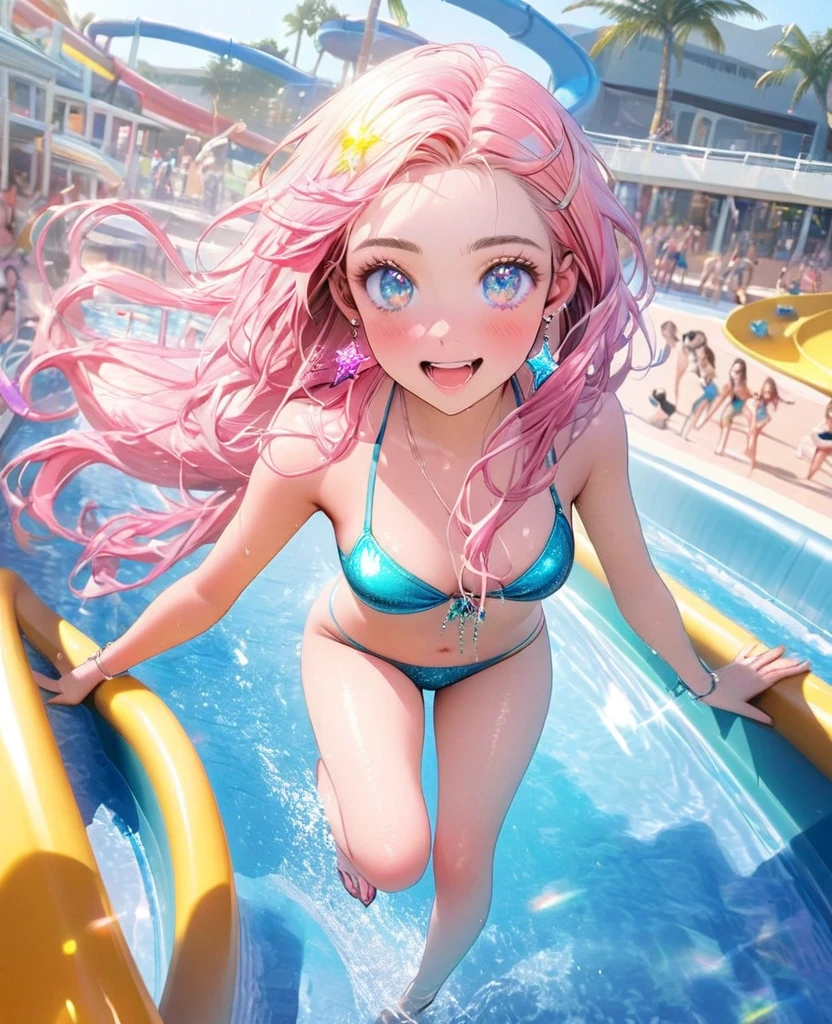 8K,gal,an extremely delicate and beautiful,Beautiful and realistic skin,Shiny jewel-like earrings,Shine like glitter long colorful hair,beautiful eyes,bikini,beautiful pool,slide down the waterslide,glitter background,full body