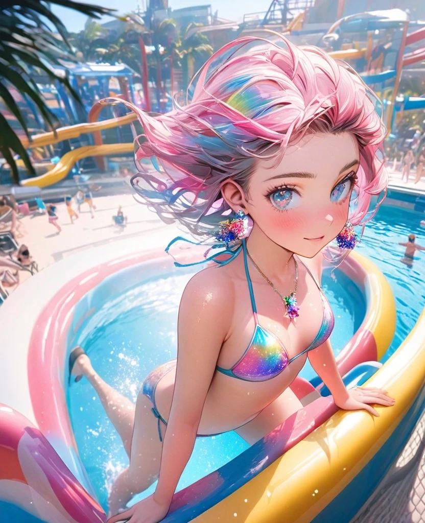 8K,gal，an extremely delicate and beautiful,Beautiful and realistic skin,Shiny jewel-like earrings,Shine like glitter long colorful hair,beautiful eyes,bikini,beautiful pool,slide down the waterslide,glitter background,full body