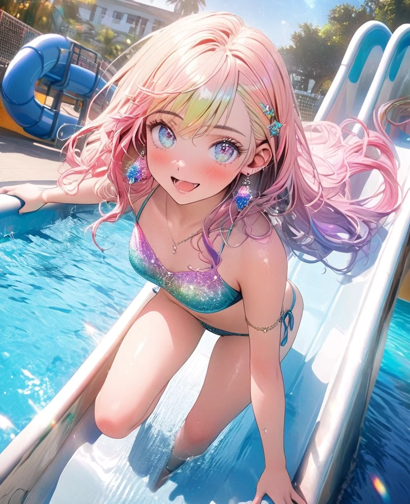 8K,gal,an extremely delicate and beautiful,Beautiful and realistic skin,Shiny jewel-like earrings,Shine like glitter long colorful hair,beautiful eyes,bikini,beautiful pool,slide down the waterslide,glitter background,full body