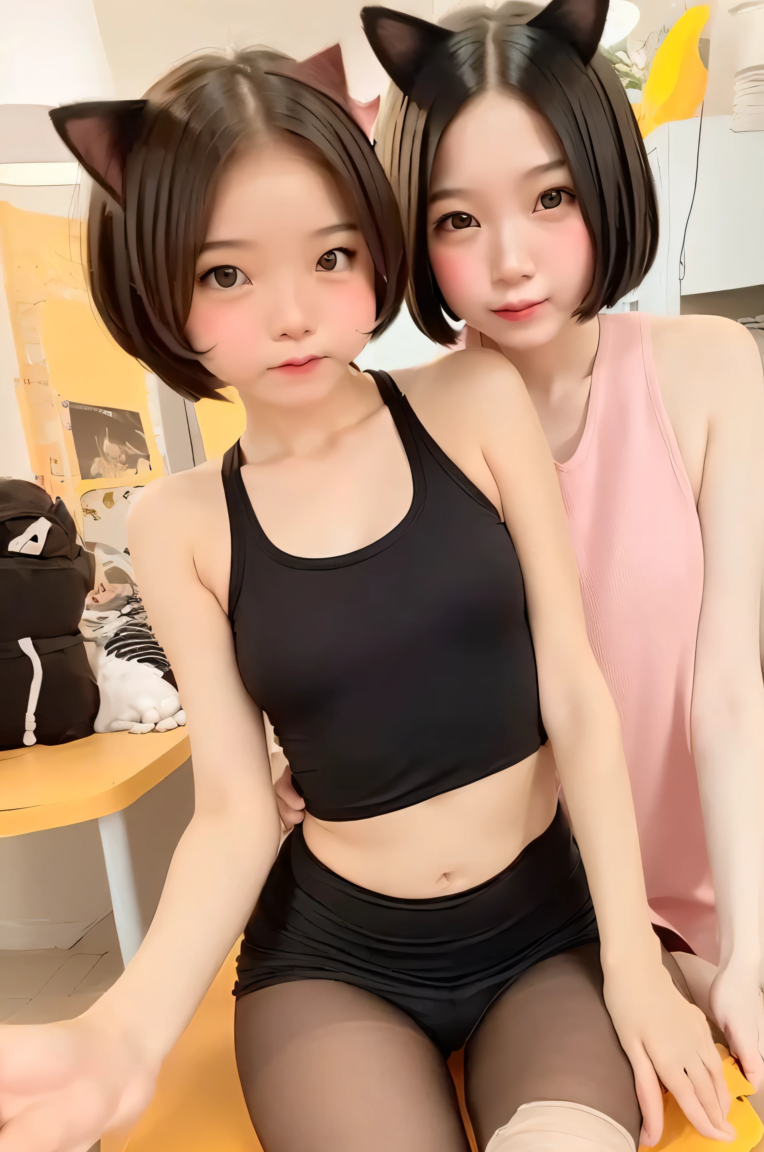 masterpiece, Bokeh, (Cat ear:1.4), Sitting on the beach at sunset, Looking at the audience, office lady, pantyhose,(masterpiece, Highest quality, It captures a very cute moment, Depth of written boundary, Super detailed, Ultra-high resolution, C4D, Octadale, 3D Modeling,Realistic human photos、 8k, 16K, One Girl,, 、Small breasts,Black Hair,short hair,Straight Hair,Light brown eyes,Cute Face), Bloomers, Black tank top, zettai ryouiki, Wet clothes,Classroom Nights,Moonlight, Good elevator, Take off、Real-life skin、Not an anime、Realistic、