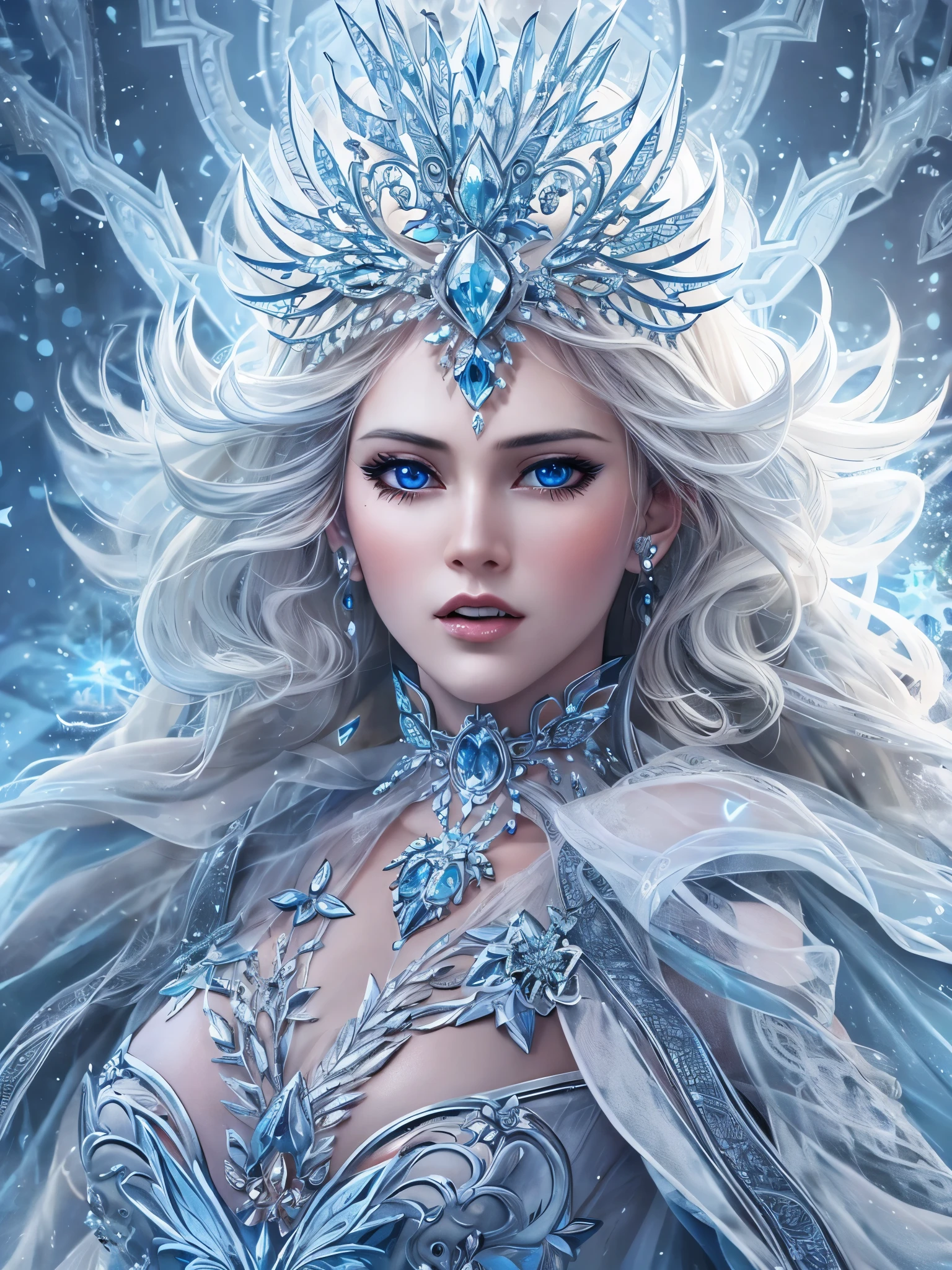 ((Highest quality)),(Ultra-high resolution),(Super detailed),(Detailed Description),((The best CG)),(masterpiece),Highly detailed art,(Art with precise detail:1.5), The Ice Queen exudes dignity in a historical costume., It expresses the transparent ice., The piercing cold, Freeze