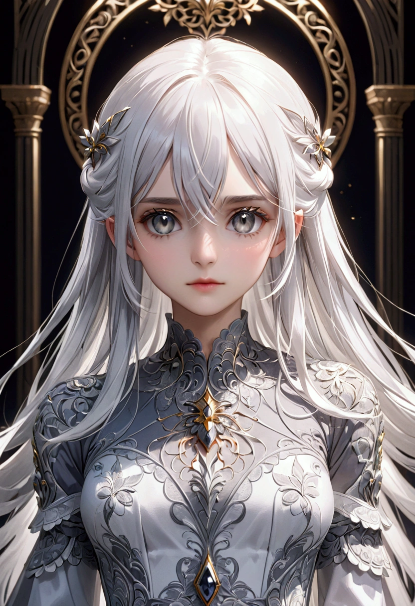 Long white hair, grey eyes, slim,,front view, 8k, best quality, high resolution.