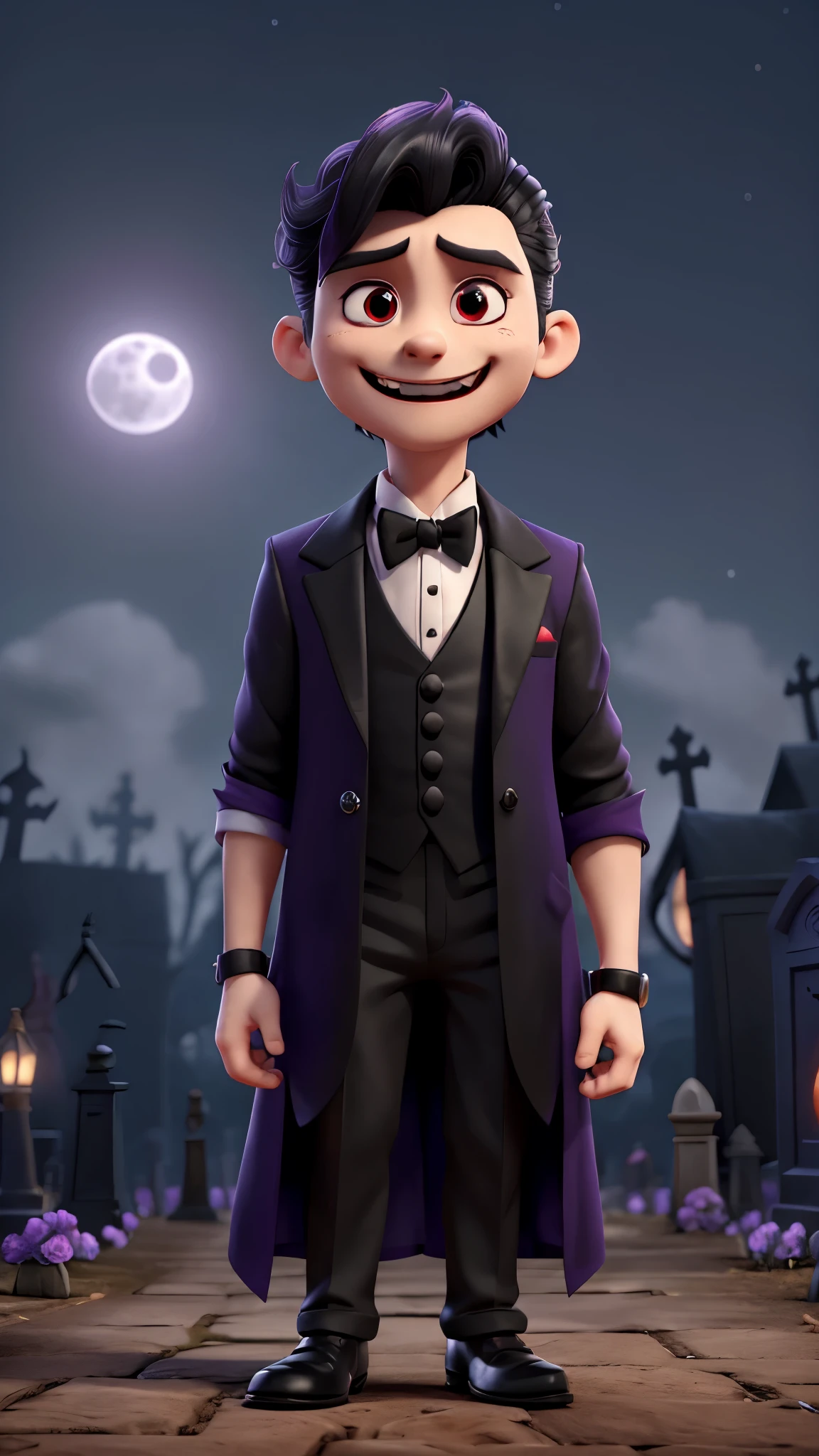 Cute 3D animated character Dracula、Round eyes、Smiling face、Friendly look、Small fangs、Black Top Hat、Purple cloak with red lining、white shirt and red bow tie、Black vest and trousers、Black shoes、Full moon and cemetery in the background、A slightly horror-like atmosphere、The character is standing facing forward。