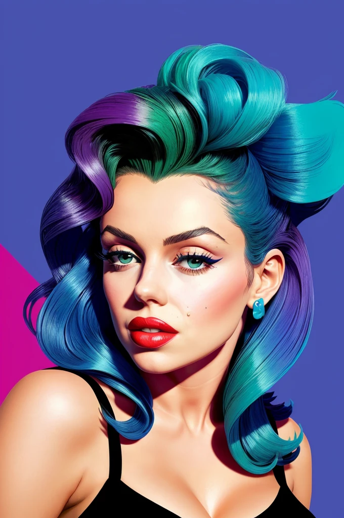 Stunningly beautiful goddess (mix of Vanessa Ferlito | Marilyn Monroe), (character splash art:1.2), model pose, 
Art by Adrian Johnson, 
Bold use of color and geometric shapes to create abstract and stylized illustrations that represent simplicity and minimalism. The artwork embodies playful charm with a child-like innocence and is known for a friendly and approachable tone. Strong visual impact through a harmonious blend of clean lines and bright colors.
by Satori Cantonð§¸ cleavage