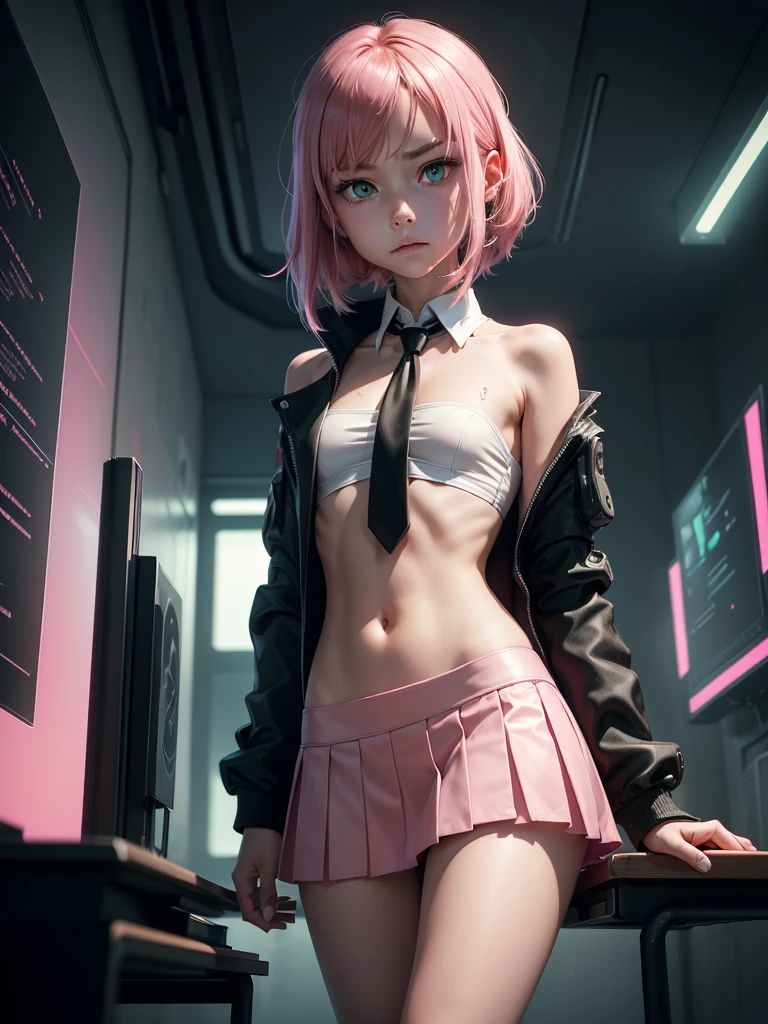 (masterpiece), (best quality), (high res), ((((Solo)))), (perfect anatomy), (young girl (), fair skin, pink hair (shoulder length), green eyes, (school uniform), white shirt, red tie, black jacket, short black mini skirt, tired, (((flat chest))), in a futuristic setting with a green light, annoyed, cyberpunk, (drinking water), best anime 4k, cybersuits, in her school, (at night), (night), ((((alone))))