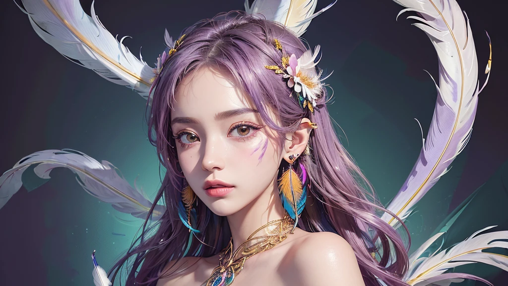 32K, 最高quality, 最高masterpiece, (ultra-Detailed Background, Detailed Background), Absurd, High resolution, Super detailed, Very detailedな, One girl, (bouquet:1.3), (Tangled:1.2), (Geometric:1.2),(colorful),(masterpiece, quality, best quality, Official Art, Beautiful and beautiful:1.2), (1 girl:1.3), Very detailed,(colorful:1.1)(Flowers:1.3),Most detailed,(Tangled:1.2), whole body, (Abstract background:1.3), (Skin glows), (Many colors:1.4), ,(Earrings Feather:1.5), Pale Purple Background,