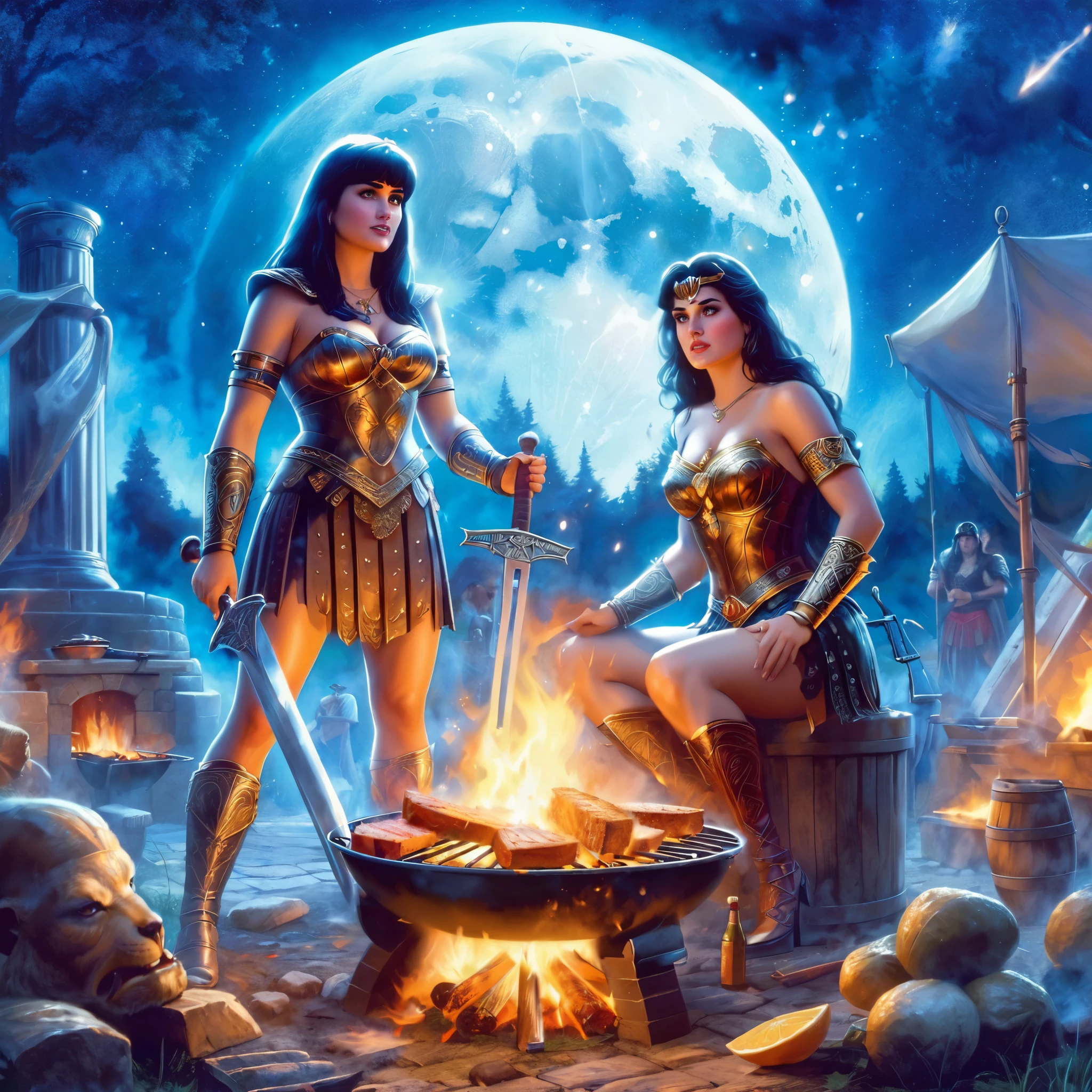 Xena the Warrio Princess and Diana Prince the Winder Woman, are grilling barbecue, detailed face
