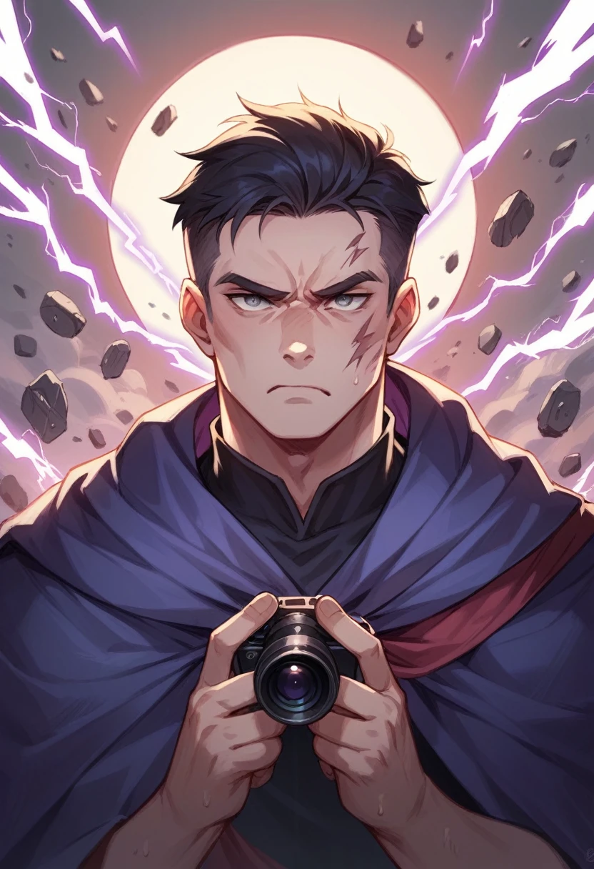 Pretty male dressed in long covering dark wizard robes, surrounded by red and purple lightning and arcane symbols with destruction in the background, intimidating presence, long black straight hair, grey eyes, focus on face, looking at camera, pretty features