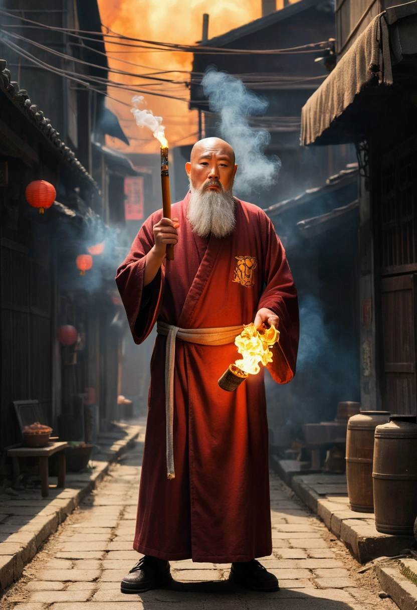 (best quality,4K,8K,high resolution,masterpiece:1.2),Very detailed,(Practical,photoPractical,photo-Practical:1.37),Japanese cartoons,Skinheads,short white beard,Middle-aged Asian man,Angry face,Wizard robes,Black eyes,Carrying an oversized cigar,A beautiful woman holding a golden lighter,The fire of the lighter is burning,Grainy Cityscape,Dark alleys,Mysterious Shadow,spectacular backdrops,smoke effect,Vibrant colors,Concept Artist,Mood lighting,superpower