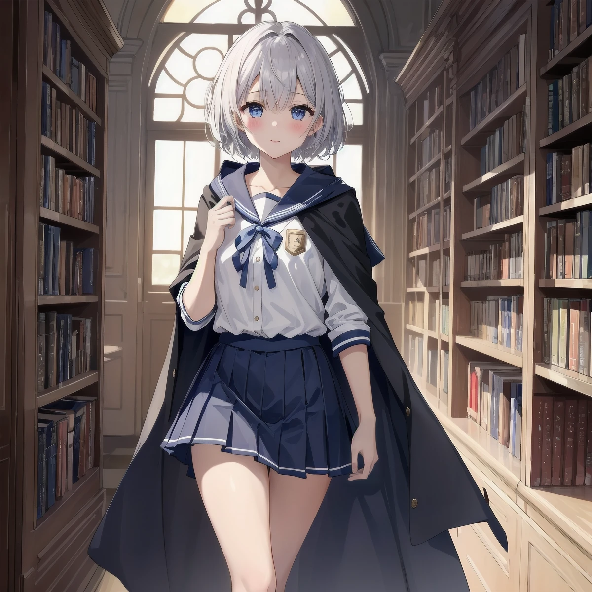 One girl, Lips parted, blush, compensate, A light smile, , classroom, school bag, light, Shine, Thighs, clavicle, Tight waist, (masterpiece), wallpaper,In a medieval library、A young woman with short hair wearing a uniform and a cloak is holding a book。She wears a uniform with a blue ribbon and symbol.、There are many books on the shelves in the library。There were a few other students in the background.、Antique arched windows and decorations can be seen。She has silver hair and is tall and slender.。She is facing the front and、Walking towards here。Under the cloak is a school uniform with a skirt。Mature Woman。Tall women。The  under the cloak is a sailor suit。Detailed eyes。