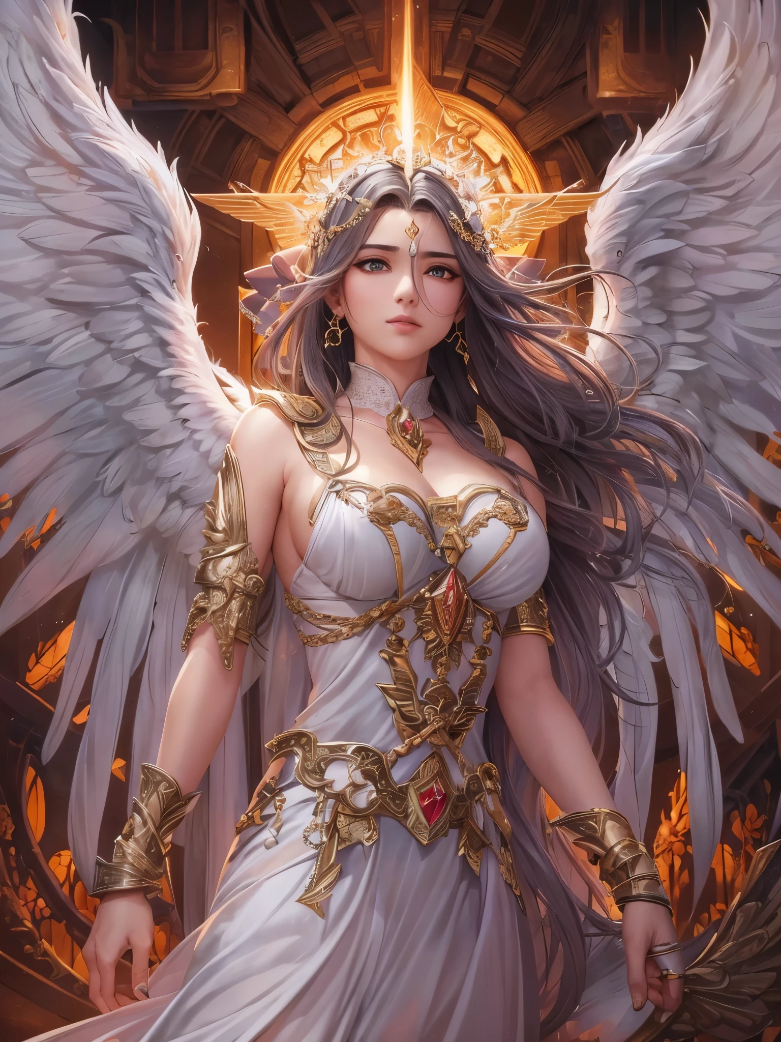 ((Highest quality)),(Ultra-high resolution),(Super detailed),(Detailed Description),((The best CG)),(masterpiece),Highly detailed art,(Art with precise detail:1.5), Female angel of fire:1.6, Sacred Seal:1.4, Piercing Gaze, The Evil of Ashes