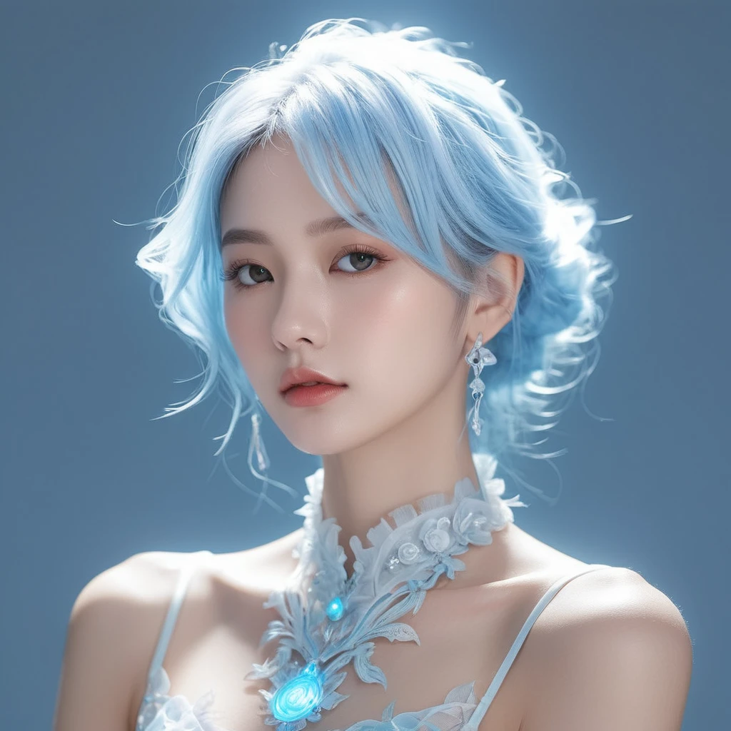 ((jewel_light element)), (Translucent luminous body_wearing a white frilly blue toxedo s:1.3), (man made of lightblue light: 1.2, Long wavy blue hairstyle with delicate features and light:1.3), (minimalism: 0.5), (Frontal close-up angle above the waist: 1.3), 4K, HDR, acid graphics, fantasy work, [Detailed and vivid faces: 0.33], (White translucent glowing body and blue hair: 1.3), Silhouette outline and glowing handsome man, Understated elegance is revealed.. A calm and dignified atmosphere provides a subtle sense of luxury... gray smooth texture, stylish pose, fluorescent, glowing tattoo, bioluminescent tattoo, glowing pattern.