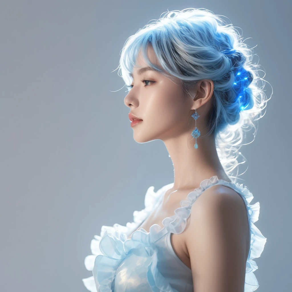 ((jewel_light element)), (Translucent luminous body_wearing a white frilly blue toxedo s:1.3), (man made of lightblue light: 1.2, Long wavy blue hairstyle with delicate features and light:1.3), (minimalism: 0.5), (Frontal close-up angle above the waist: 1.3), 4K, HDR, acid graphics, fantasy work, [Detailed and vivid faces: 0.33], (White translucent glowing body and blue hair: 1.3), Silhouette outline and glowing handsome man, Understated elegance is revealed.. A calm and dignified atmosphere provides a subtle sense of luxury... gray smooth texture, stylish pose, fluorescent, glowing tattoo, bioluminescent tattoo, glowing pattern.