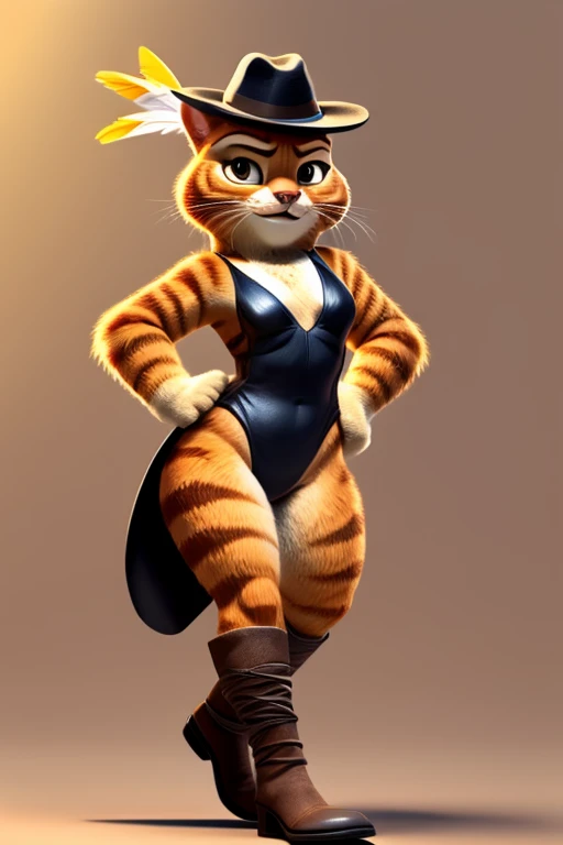 Puss in Boots, DreamWorks Animated, Leotard,((Wearing a fedora hat with a yellow feather)), 3:1 Hip to leg ratio