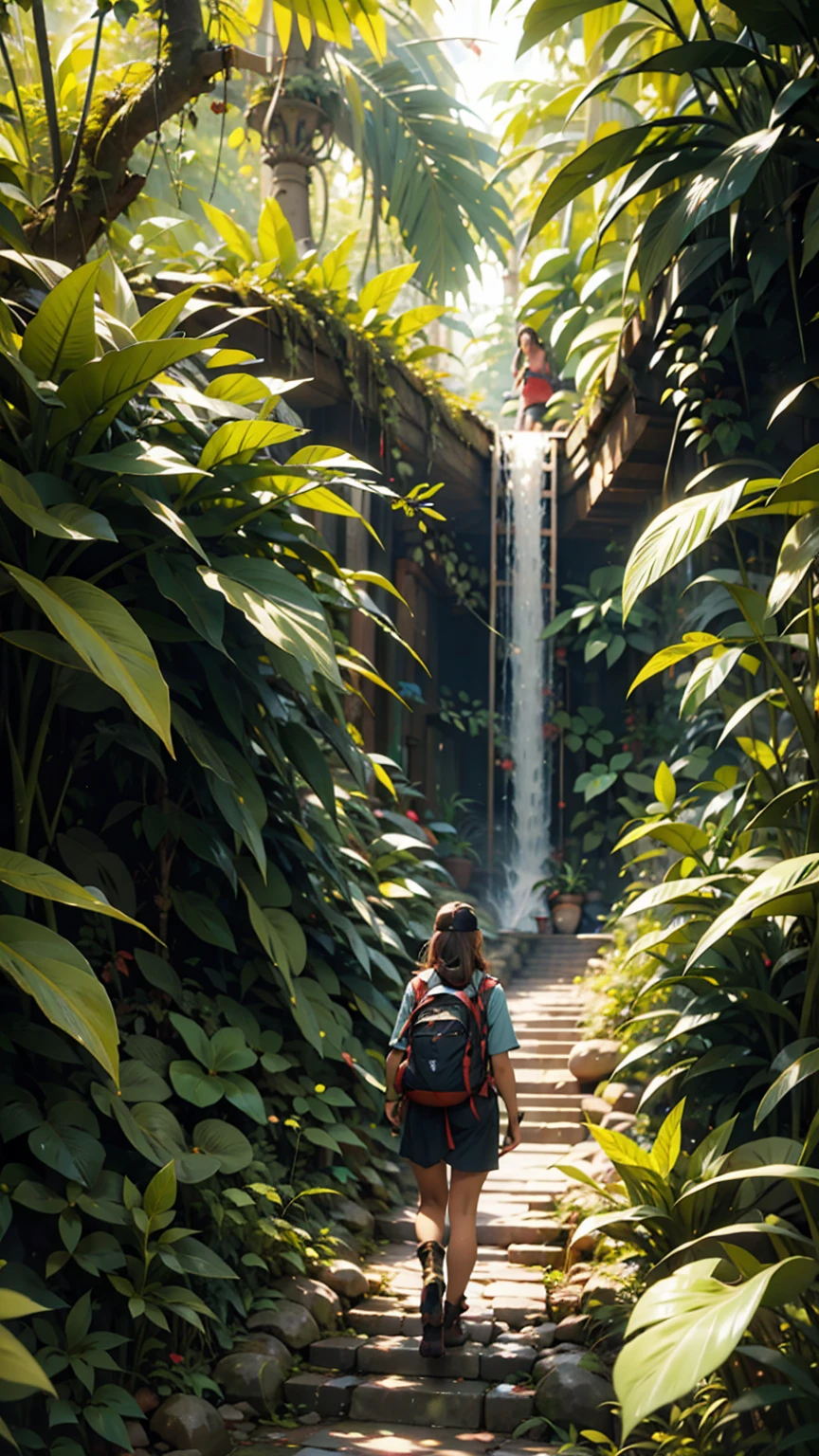 A woman trekking through a rainforest in Malaysia&#39;s Borneo island。彼女はハイキング用のショーツand速乾性のシャツを着て、Wearing sturdy boots。Dense green trees all around々and、Colorful wild birds flying around