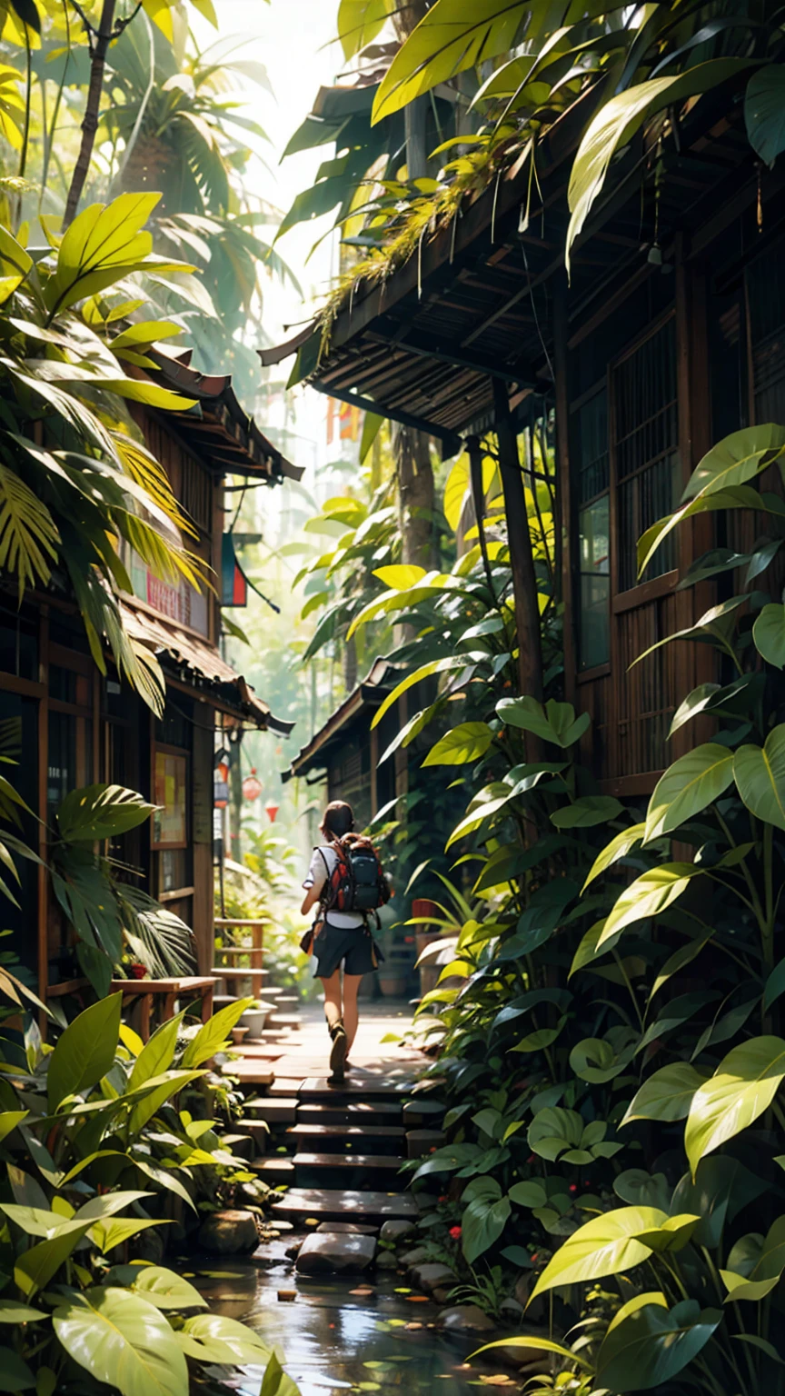 A woman trekking through a rainforest in Malaysia&#39;s Borneo island。彼女はハイキング用のショーツand速乾性のシャツを着て、Wearing sturdy boots。Dense green trees all around々and、Colorful wild birds flying around
