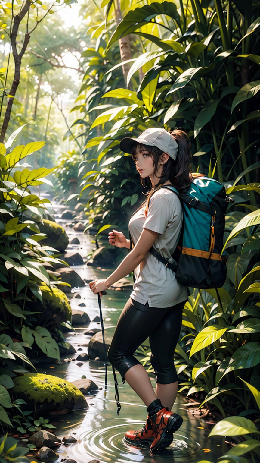 A woman trekking through a rainforest in Malaysia&#39;s Borneo island。彼女はハイキング用のショーツand速乾性のシャツを着て、Wearing sturdy boots。Dense green trees all around々and、Colorful wild birds flying around