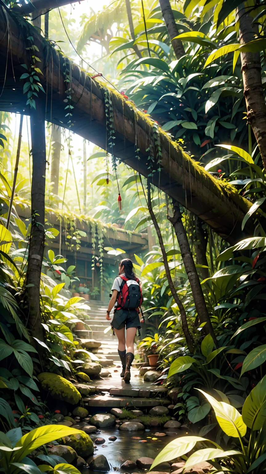 A woman trekking through a rainforest in Malaysia's Borneo island。彼女はハイキング用のショーツand速乾性のシャツを着て、Wearing sturdy boots。Dense green trees all around々and、Colorful wild birds flying around