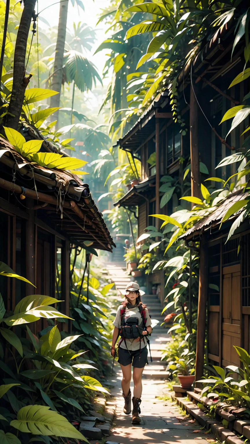 A woman trekking through a rainforest in Malaysia's Borneo island。彼女はハイキング用のショーツand速乾性のシャツを着て、Wearing sturdy boots。Dense green trees all around々and、Colorful wild birds flying around