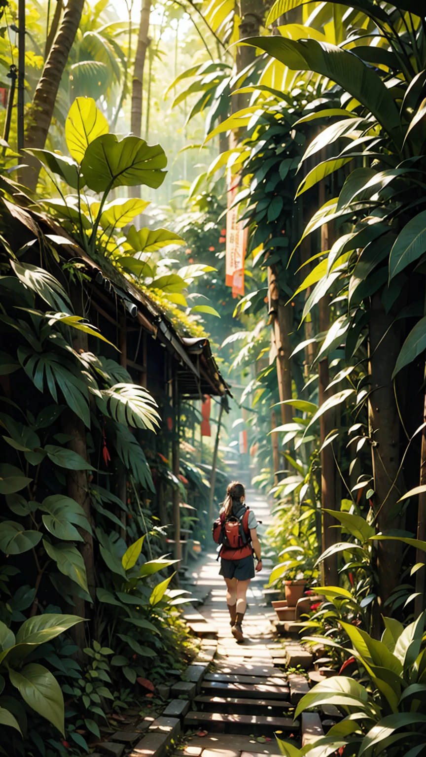 A woman trekking through a rainforest in Malaysia's Borneo island。彼女はハイキング用のショーツand速乾性のシャツを着て、Wearing sturdy boots。Dense green trees all around々and、Colorful wild birds flying around