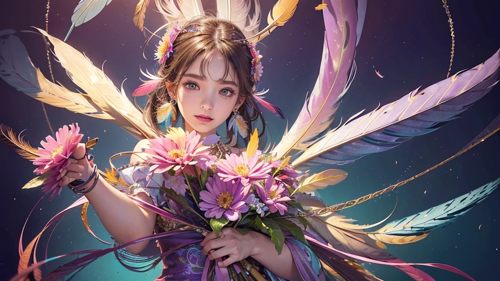 32K, 最高quality, 最高masterpiece, (ultra-Detailed Background, Detailed Background), Absurd, High resolution, Super detailed, Very detailedな, One girl, (bouquet:1.3), (Tangled:1.2), (Geometric:1.2),(colorful),(masterpiece, quality, best quality, Official Art, Beautiful and beautiful:1.2), (1 girl:1.3), Very detailed,(colorful:1.1)(Flowers:1.3),Most detailed,(Tangled:1.2), whole body, (Abstract background:1.3), (Skin glows), (Many colors:1.4), ,(Earrings Feather:1.5), Pale Purple Background,