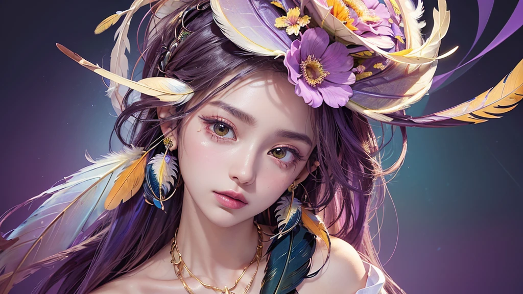 32K, 最高quality, 最高masterpiece, (ultra-Detailed Background, Detailed Background), Absurd, High resolution, Super detailed, Very detailedな, One girl, (bouquet:1.3), (Tangled:1.2), (Geometric:1.2),(colorful),(masterpiece, quality, best quality, Official Art, Beautiful and beautiful:1.2), (1 girl:1.3), Very detailed,(colorful:1.1)(Flowers:1.3),Most detailed,(Tangled:1.2), whole body, (Abstract background:1.3), (Skin glows), (Many colors:1.4), ,(Earrings Feather:1.5), Pale Purple Background,