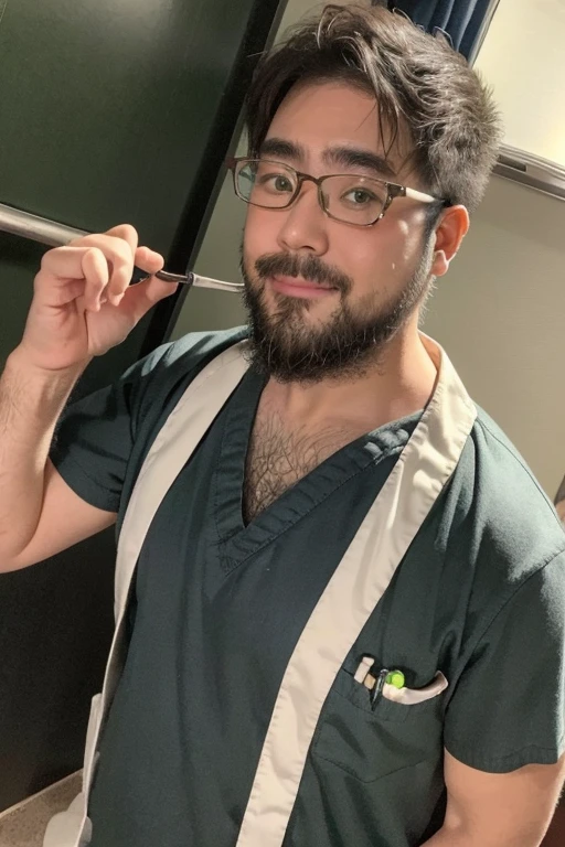 male, alone, ((Yossan)), beard, Glasses, Are fat, (male性看護師), (Medical scrub), Light Green Scrub, light green outfit, Stethoscope, Medical equipment, Bright hospital room, Are standing, Supporting, smile