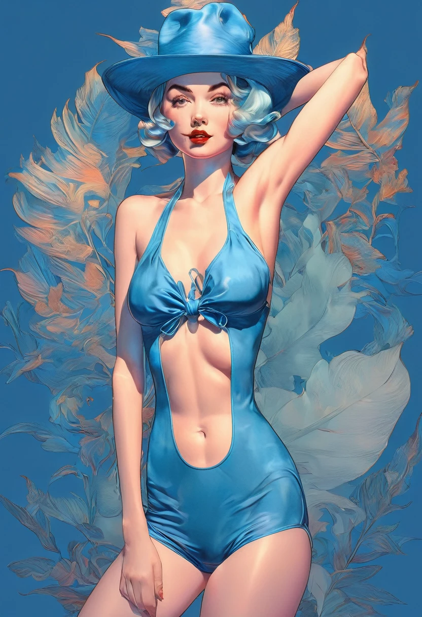 arafed woman in a blue bikini and hat posing for a picture, inspired by Vincent Lefevre, james jean andrei riabovitchev, james jean and wlop, anna dittmann alberto vargas, in retro swimsuit, james jean soft light 4k, james jean soft light 4 k, amouranth, pinup, artgerm and james jean