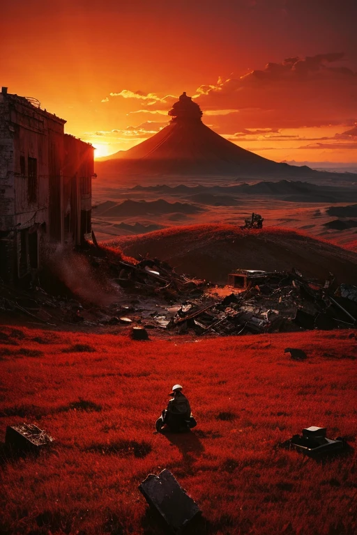 Highest quality、masterpiece、Desolate Earth、wreckage、Red Sky、Surrealism