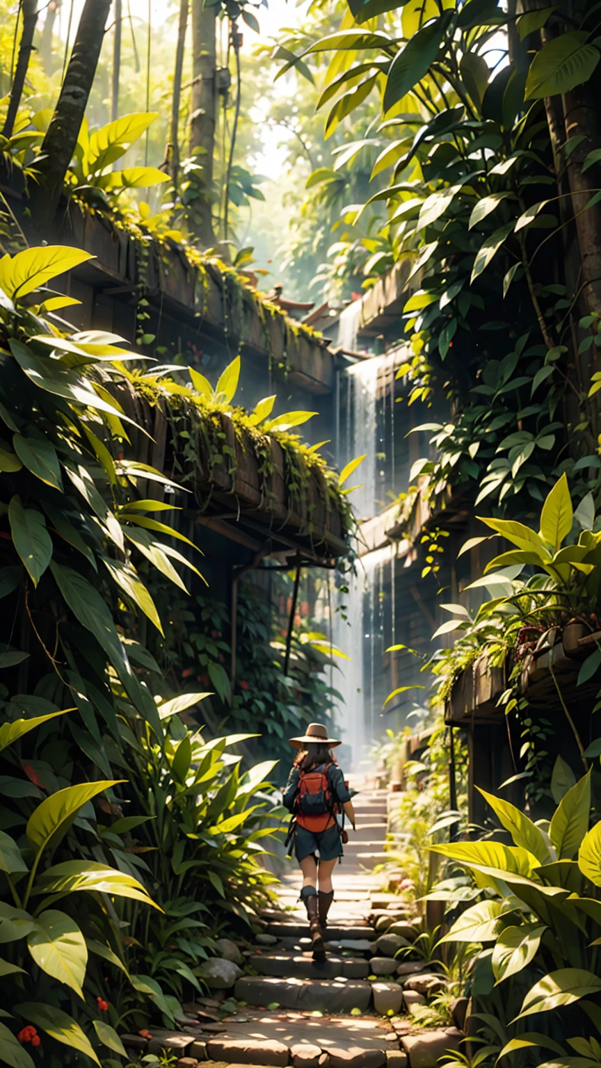 A woman trekking through a rainforest in Malaysia&#39;s Borneo island。彼女はハイキング用のショーツand速乾性のシャツを着て、Wearing sturdy boots。Dense green trees all around々and、Colorful wild birds flying around