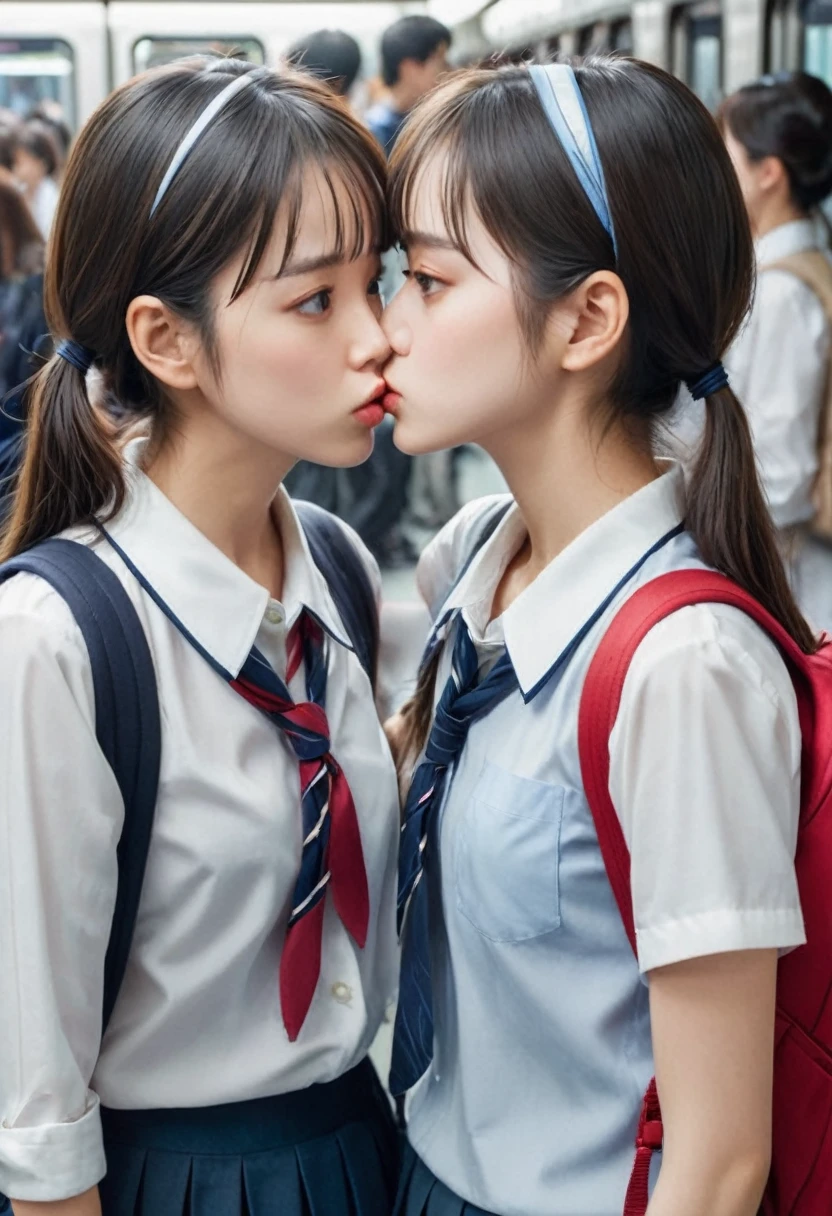 two schoolgirls, dislike kiss, facing each other, cheeks collide, stuffy lips, angry expression, close contact, on narrow crowded train, stuck between schoolgirls, narrow confine, breasts crushed together, symmetry, pressed tightly firmly