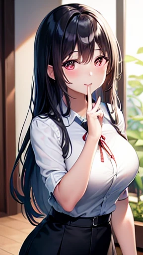 (masterpiece), (High resolution), (Highest quality), One Girl, smile, blush, neck ribbon, View your viewers, ribbon, (Ring on right ring finger), shirt, Long Hair, bangs, Hand in hand, jewelry, Mouth closed, collared shirt, No sleeve、Big Breasts、Black Hair