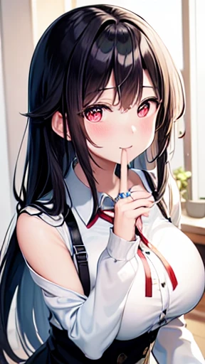 (masterpiece), (High resolution), (Highest quality), One Girl, smile, blush, neck ribbon, View your viewers, ribbon, (Ring on right ring finger), shirt, Long Hair, bangs, Hand in hand, jewelry, Mouth closed, collared shirt, No sleeve、Big Breasts、Black Hair