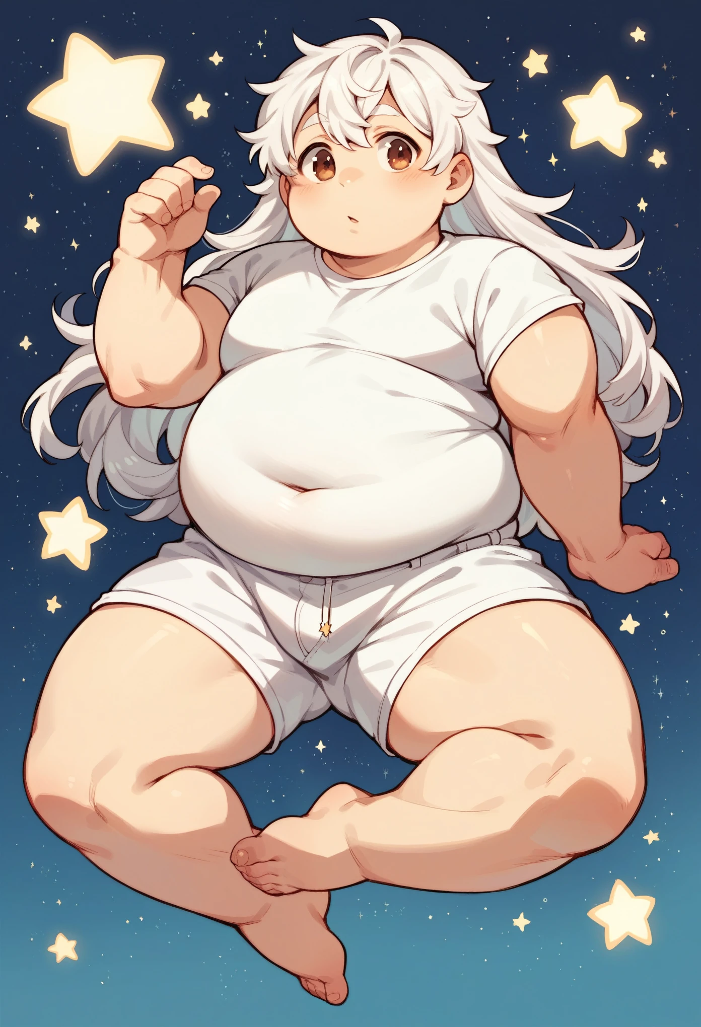 cute boy,White hair，Long hair，Rabbit ears，fat，Chubby body，He has warm brown eyes.，Stars background，White shorts，barefoot