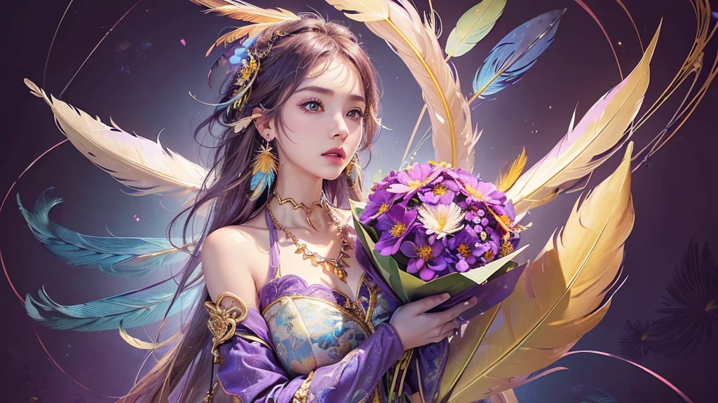 32K, 最高quality, 最高masterpiece, (ultra-Detailed Background, Detailed Background), Absurd, High resolution, Super detailed, Very detailedな, One girl, (bouquet:1.3), (Tangled:1.2), (Geometric:1.2),(colorful),(masterpiece, quality, best quality, Official Art, Beautiful and beautiful:1.2), (1 girl:1.3), Very detailed,(colorful:1.1)(Flowers:1.3),Most detailed,(Tangled:1.2), whole body, (Abstract background:1.3), (Skin glows), (Many colors:1.4), ,(Earrings Feather:1.5), Pale Purple Background,