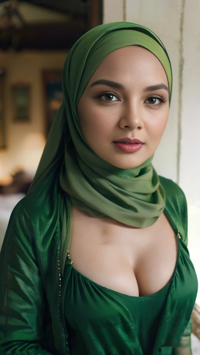 A woman with green hijab, Realistic, Photorealistic, 8K, Masterpiece, Best Quality, High Definition, Live Action, RAW Photo, Single Woman, Beautiful Body, Big, Cleavage, Sexy, green Competitive Swimsuit, Married Woman,  